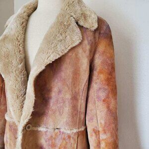 Suede leather long trench jacket shearling Coat gray beige tiedye brown L XL Med